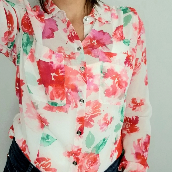 Guess Abstract Floral Print Button Down Blouse - Picture 2 of 14